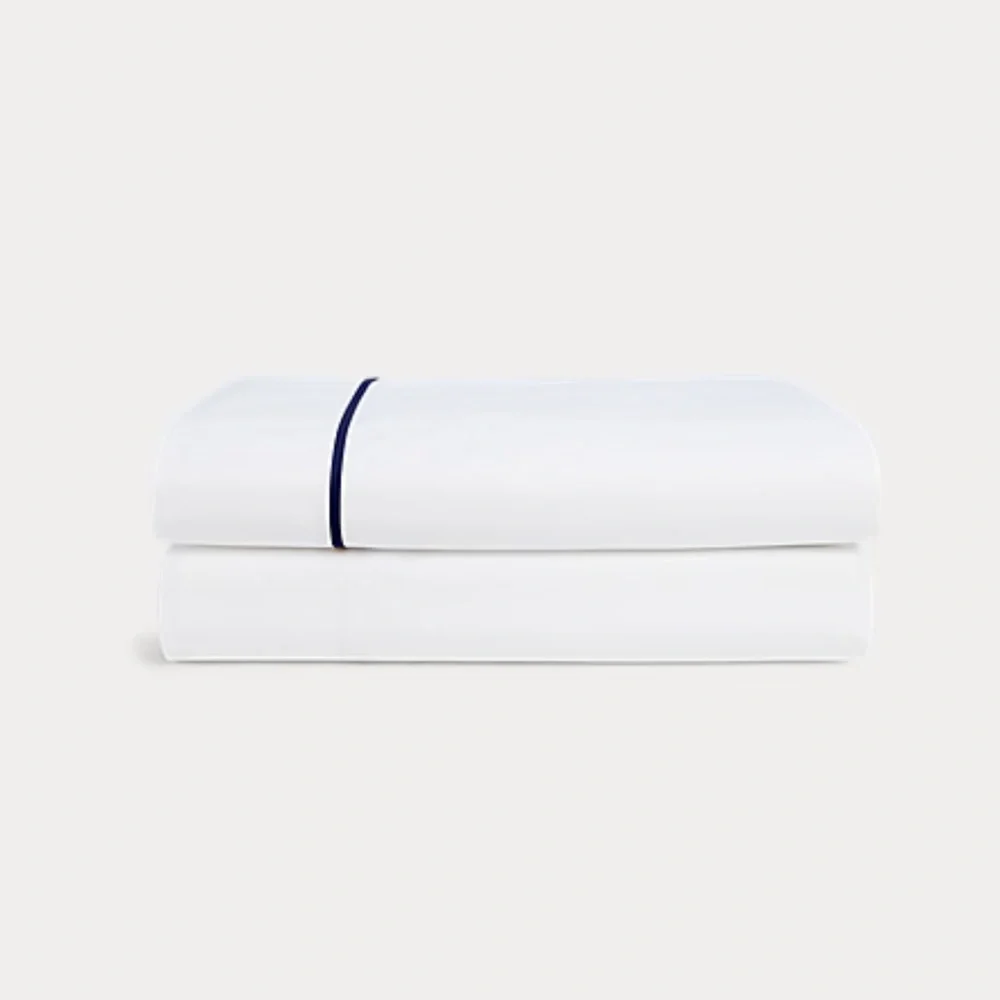 RALPH LAUREN Organic Cotton White Blue border KING FLAT SHEET Palmer Percale